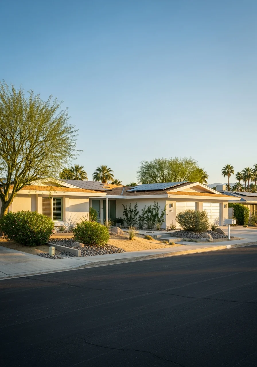 Palm Desert property detail showing architectural features and maintained grounds.