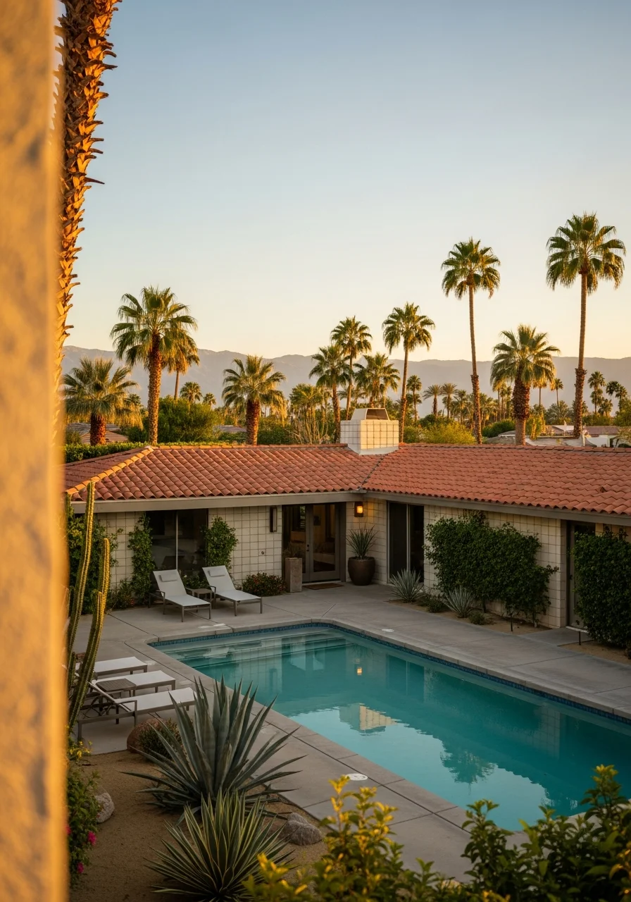 Poolside view of a Palm Springs residence with architectural details and manicured grounds.