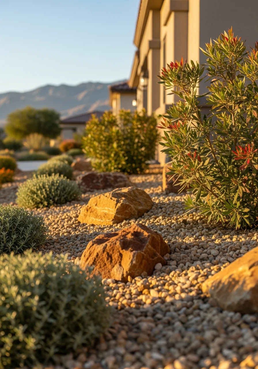 Close-up of desert-adapted plants and mulch around a Thousand Palms residence during afternoon light.