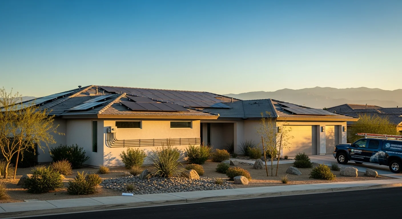 Desert home in Thousand Palms with native landscaping and clear blue sky, showing typical valley property layout.