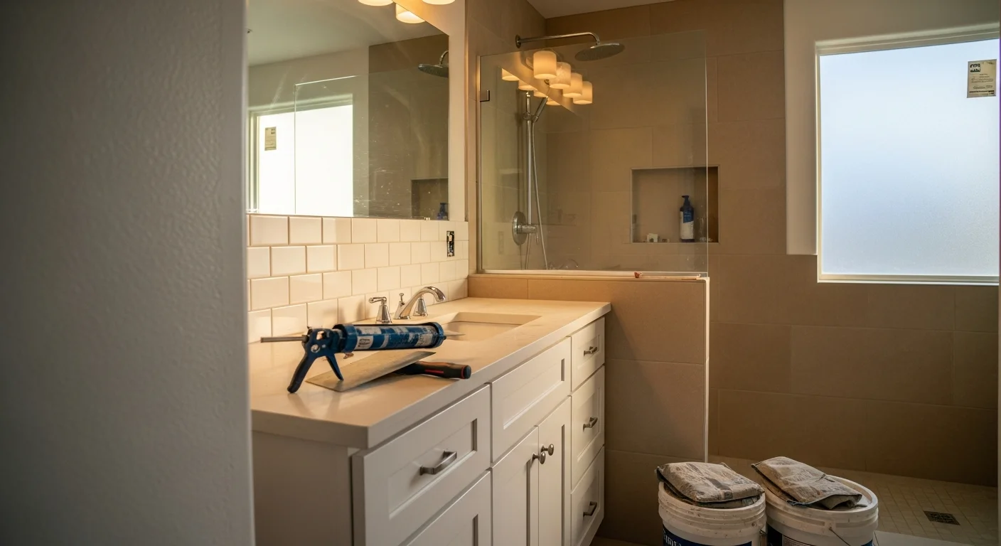 Remodeled bathroom in a Thousand Palms, CA single-family home featuring new tile flooring, a walk-in shower, and updated vanity. The space reflects a clean, functional layout suited to the Coachella Valley desert climate.