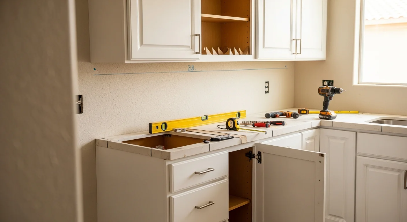Newly installed white shaker base and wall cabinets in a compact kitchen inside a single-family home in Thousand Palms, CA. Cabinet doors are aligned and hardware is mounted, with desert mountain views visible through the kitchen window.