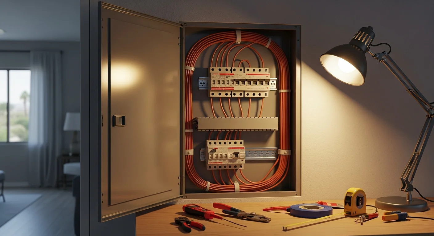 A licensed electrician installing a new dedicated circuit in a residential electrical panel inside a Thousand Palms, CA home. The panel is open and neatly organized, showing properly labeled breakers and new wiring connections.