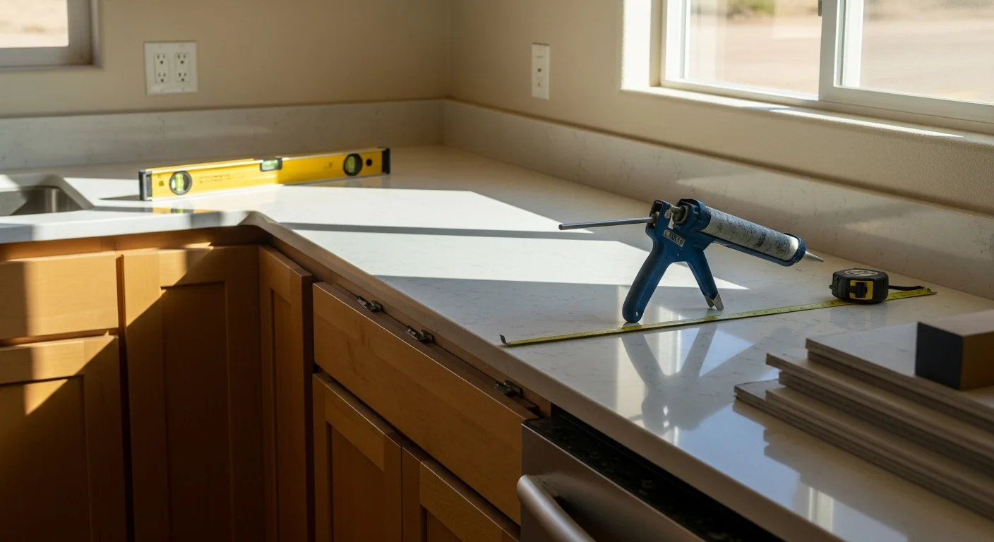 Newly installed kitchen countertop in a Thousand Palms, CA home showing clean edge finishing and tight seam fit along the cabinet base. Close-up view of a smooth, freshly set surface inside a compact single-story kitchen layout.