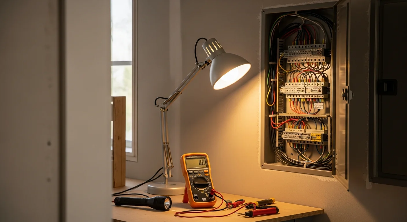 A licensed Mtz Solar electrician inspecting a residential electrical panel inside a Thousand Palms, CA home. The panel cover is open and the electrician is using a testing tool to check circuit breakers.