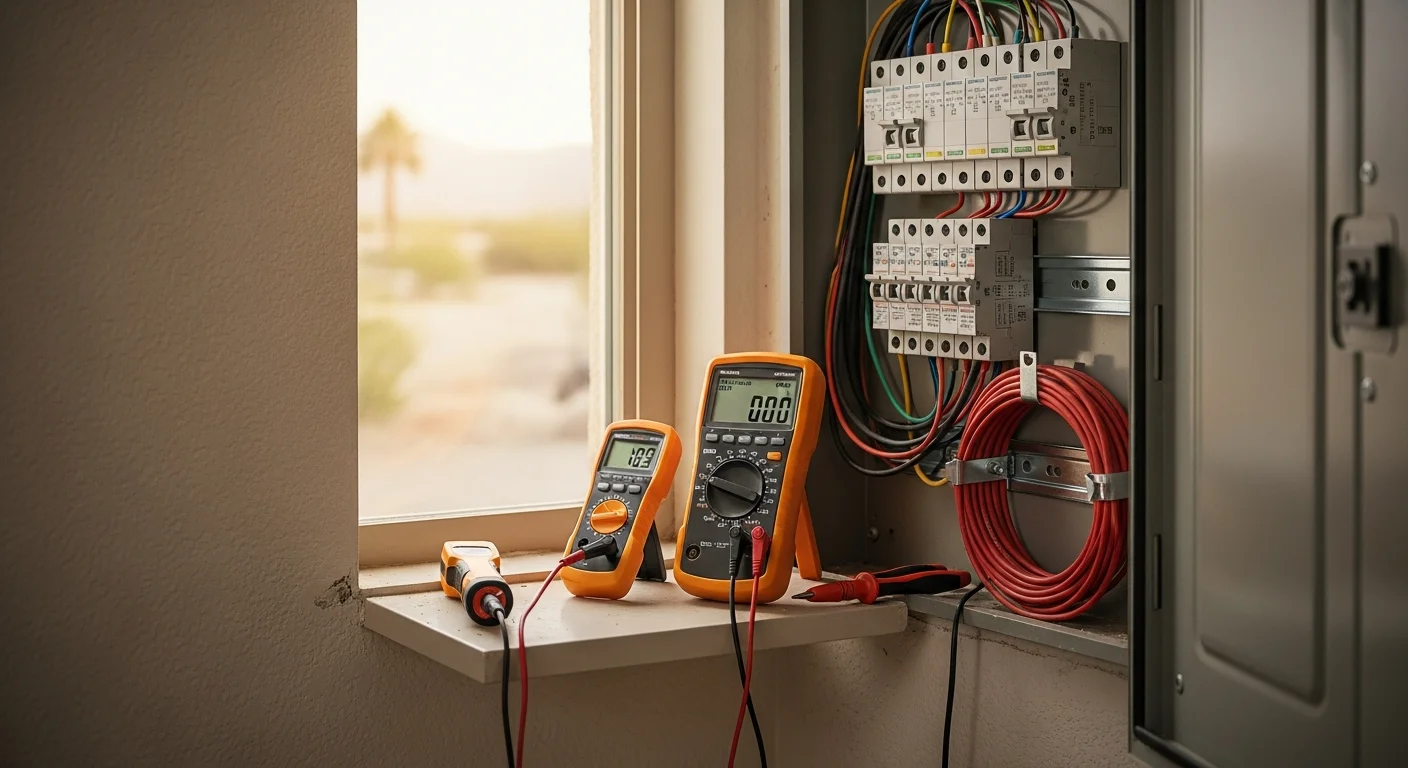 A licensed electrician from Mtz Solar inspecting an electrical panel inside a single-family home in Thousand Palms, CA. The panel cover is open, showing circuit breakers being tested during an emergency electrical repair call.