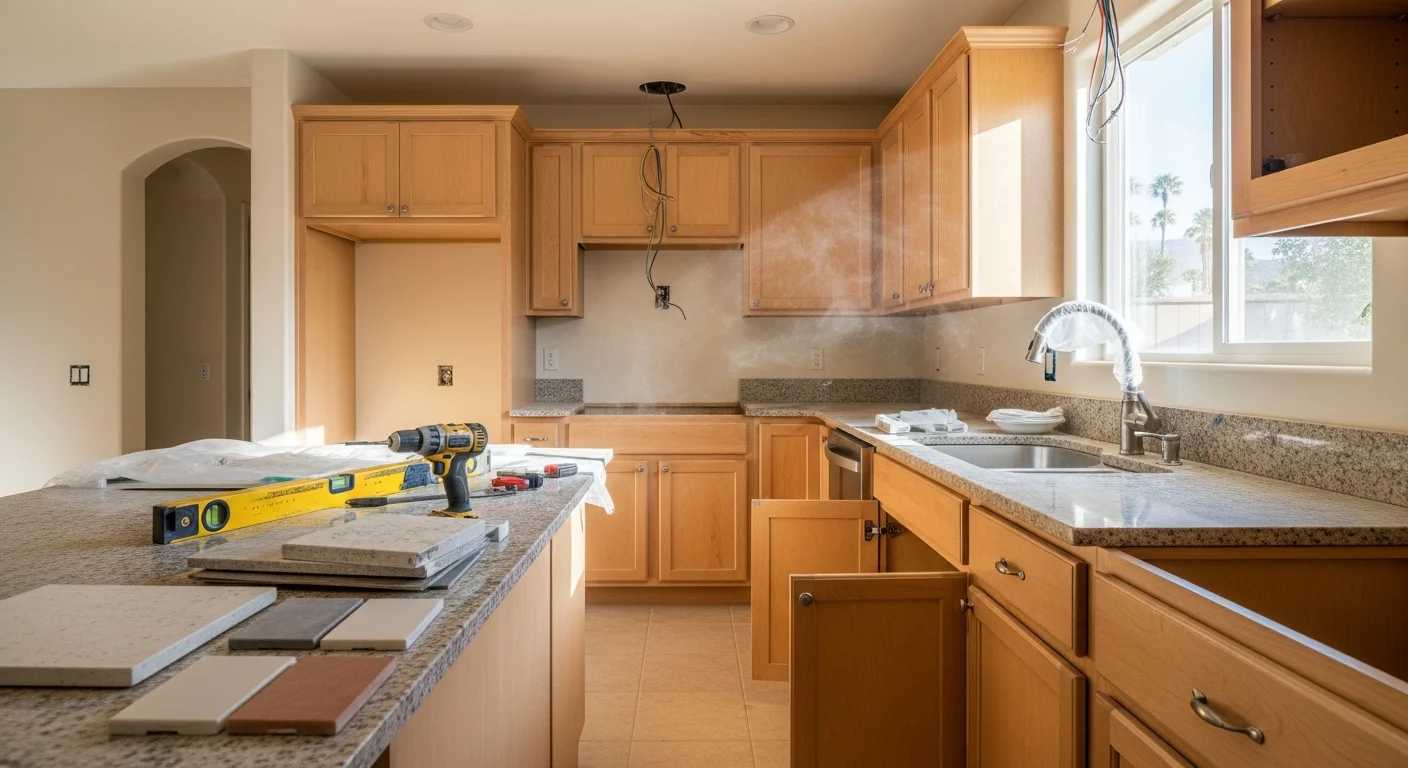 Remodeled kitchen interior in a Thousand Palms, CA home featuring updated cabinetry, new countertops, and modern lighting. The open layout reflects a common ranch-style floor plan found throughout the Coachella Valley.