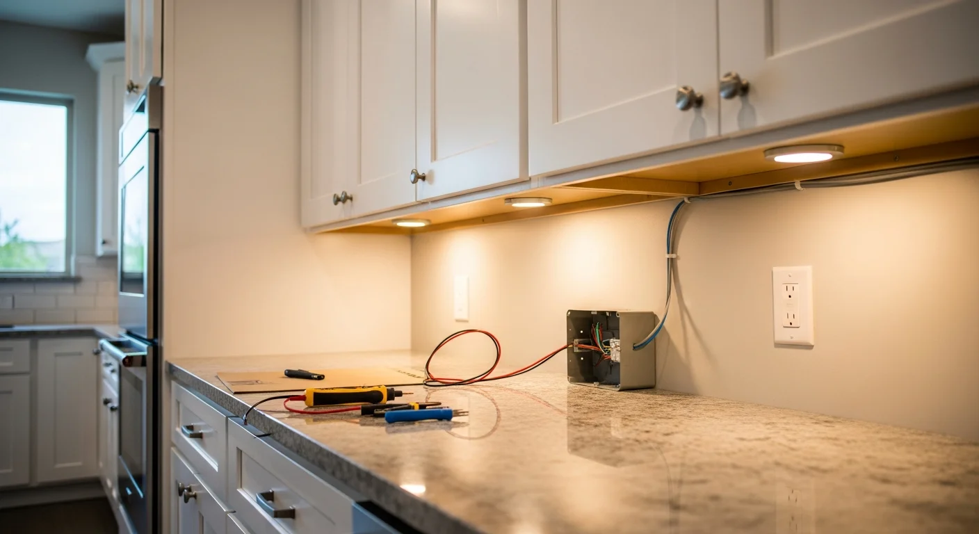 Newly installed recessed lighting in a remodeled kitchen inside a single-family home in Thousand Palms, CA. Bright, even light covers the countertops and cabinetry with no visible shadows or dark corners.