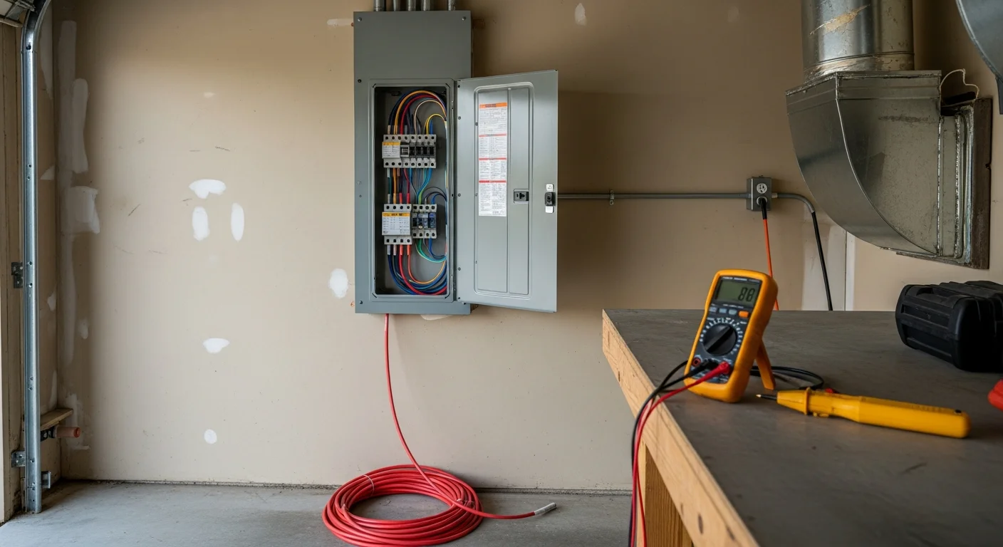 A licensed electrician installs a new 200-amp main electrical panel on the exterior wall of a single-family home in Thousand Palms, CA. The upgraded panel box is open, showing organized circuit breakers rated for modern residential power loads in a desert climate.