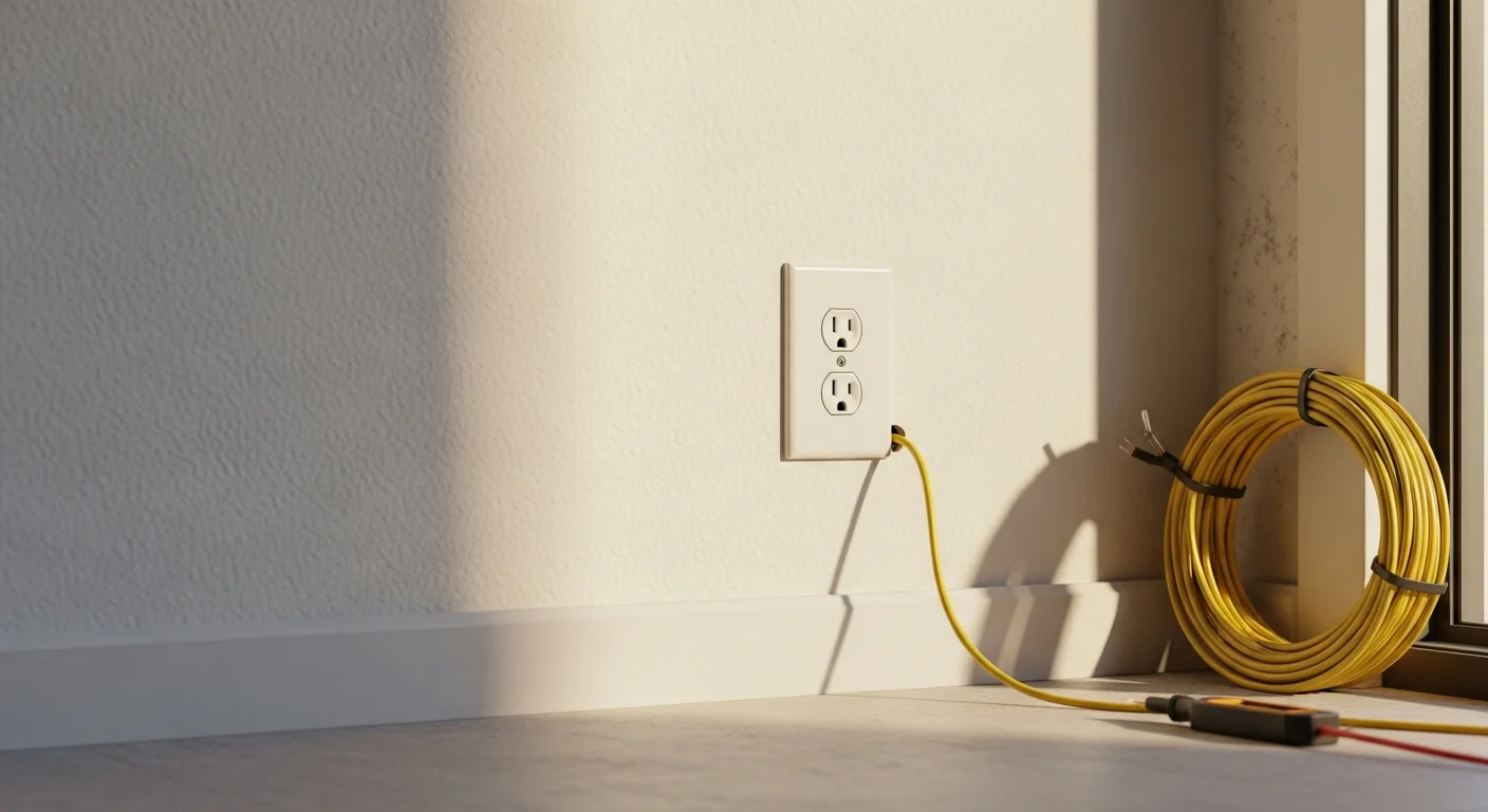 A licensed electrician from Mtz Solar installing a new GFCI outlet on an interior wall of a single-family home in Thousand Palms, CA. The outlet box is mounted flush in a finished drywall surface with clean wiring connections visible before the cover plate is secured.