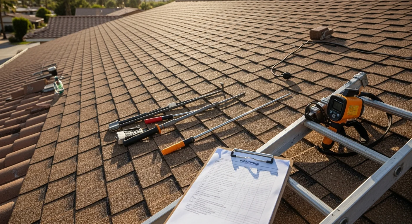 A roofing professional inspecting the surface and flashing of a single-family home in Thousand Palms, CA under clear desert skies. The image shows close-up examination of roofing materials showing signs of UV wear typical of Coachella Valley heat exposure.