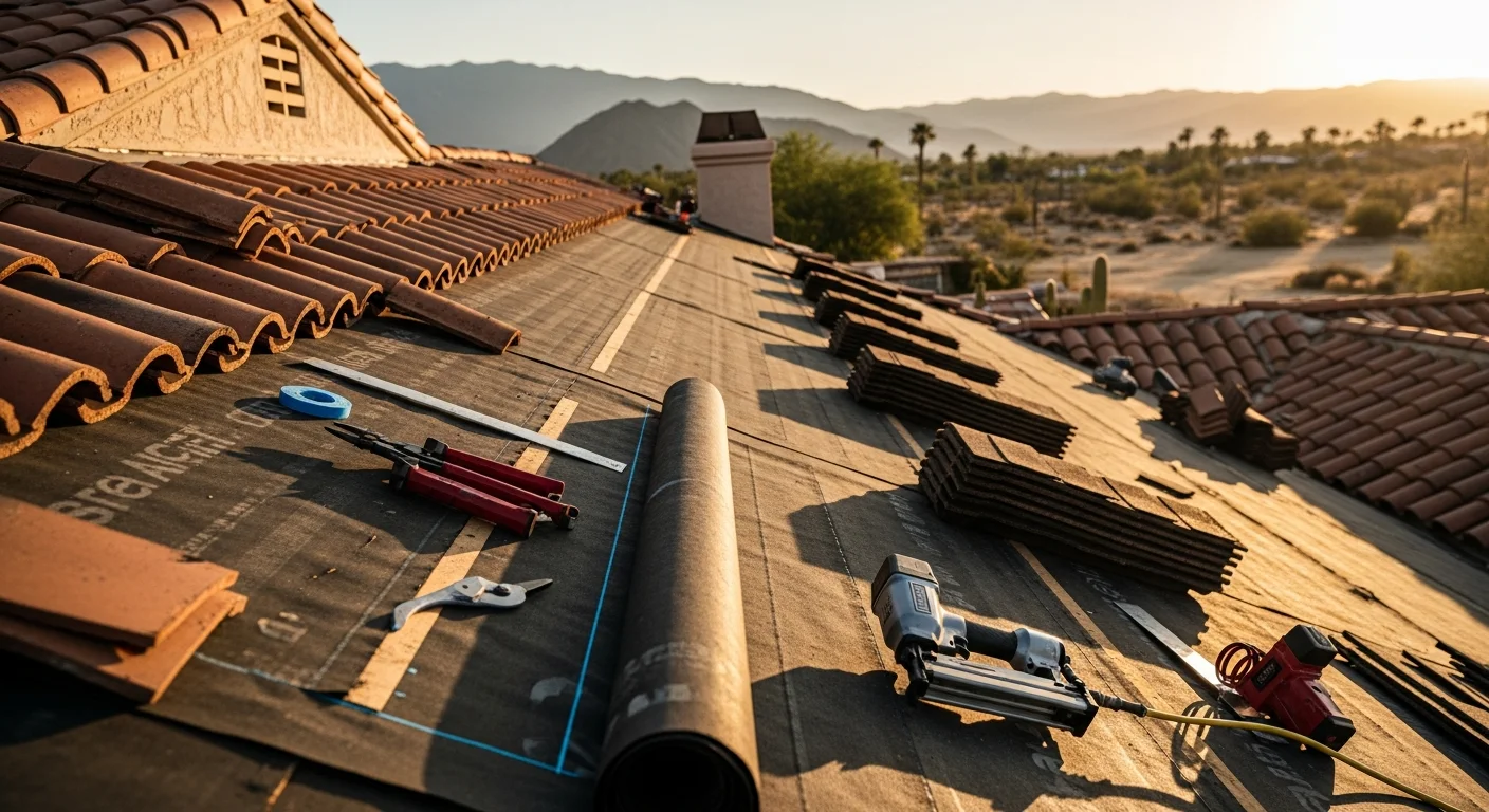 A newly installed residential roof on a single-family home in Thousand Palms, CA, with clean roofing materials visible against a clear desert sky. The surrounding landscape shows the dry Coachella Valley terrain typical of the area.