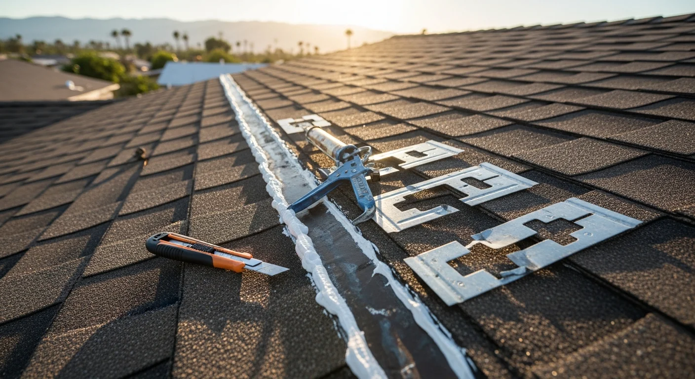 A roofing technician repairing cracked and heat-damaged roofing material on a single-family home in Thousand Palms, CA. The desert landscape and clear blue sky are visible in the background.