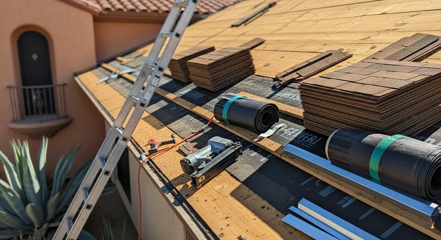A completed roof replacement on a single-family home in Thousand Palms, CA, showing new roofing installed under clear desert skies. The finished roof sits above a residential property typical of the Coachella Valley, with mountain views visible in the background.