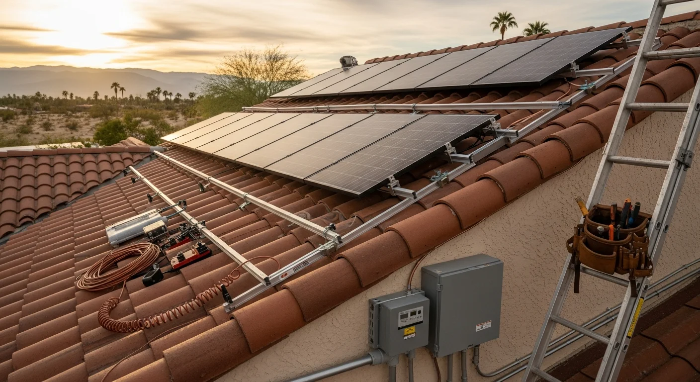 Rooftop solar panels installed on a single-family home in Thousand Palms, CA, with clear desert sky and mountain backdrop visible in the distance. The panels are flush-mounted on a south-facing roof slope, reflecting the area's year-round sun exposure.