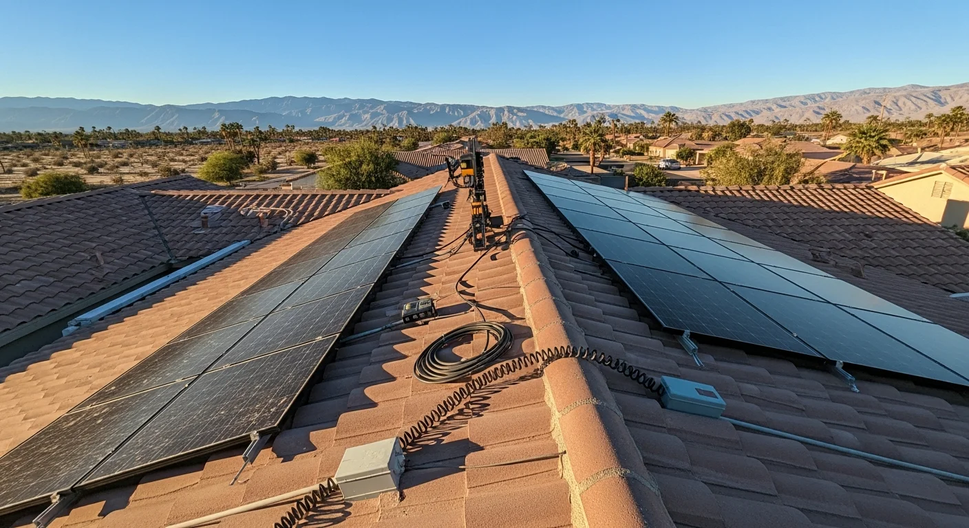 A Mtz Solar technician replacing a degraded solar panel on the rooftop of a single-family home in Thousand Palms, CA. The desert landscape and clear blue sky are visible in the background.