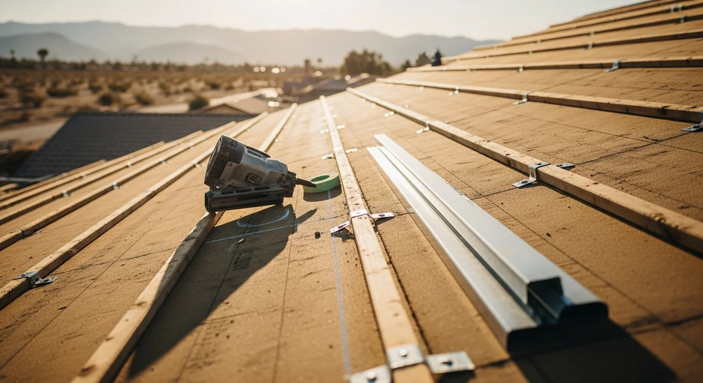 A freshly installed solar-ready roof on a single-family home in Thousand Palms, CA, showing clean decking, reinforced racking anchor points, and desert-rated roofing material under a clear Coachella Valley sky. The roof surface is unobstructed and angled to receive direct sun exposure for future solar panel mounting.