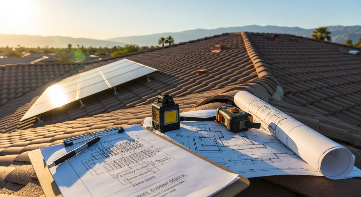 A completed residential solar panel layout on a tile roof in Thousand Palms, CA, with panels positioned to capture direct desert sunlight. The system design shows clean row alignment and no visible shading from nearby structures.