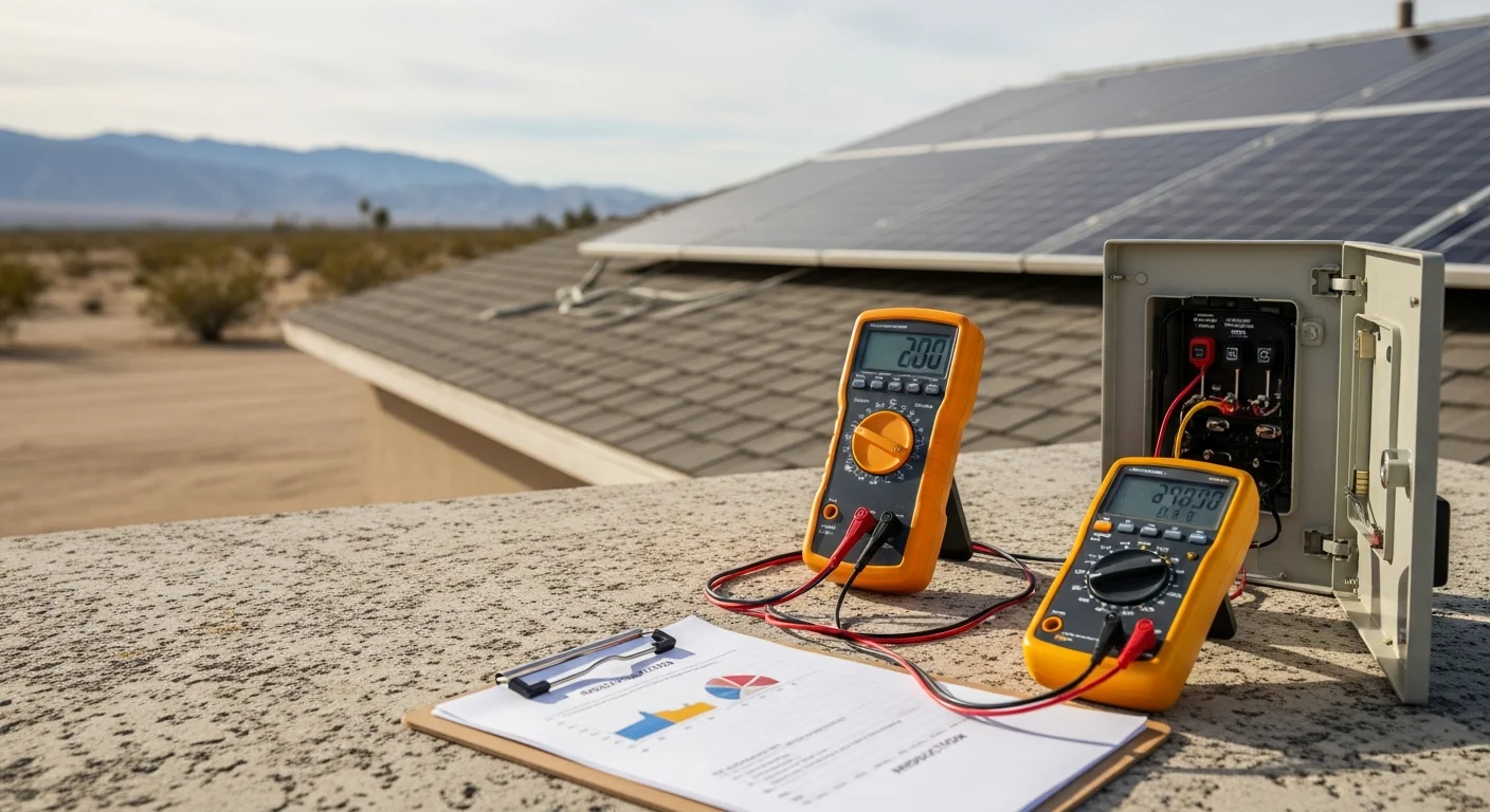 A Mtz Solar technician inspecting rooftop solar panels on a residential home in Thousand Palms, CA, checking panel condition and wiring connections under clear desert skies.