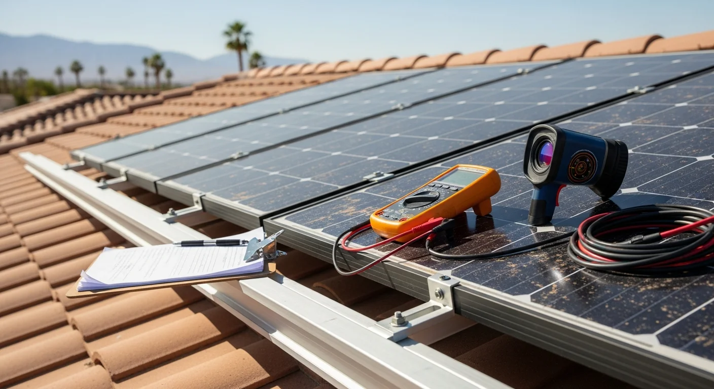 A Mtz Solar technician inspecting rooftop solar panels on a residential home in Thousand Palms, CA, with the Coachella Valley desert landscape visible in the background. The technician examines panel connections and mounting hardware during a solar system repair service call.